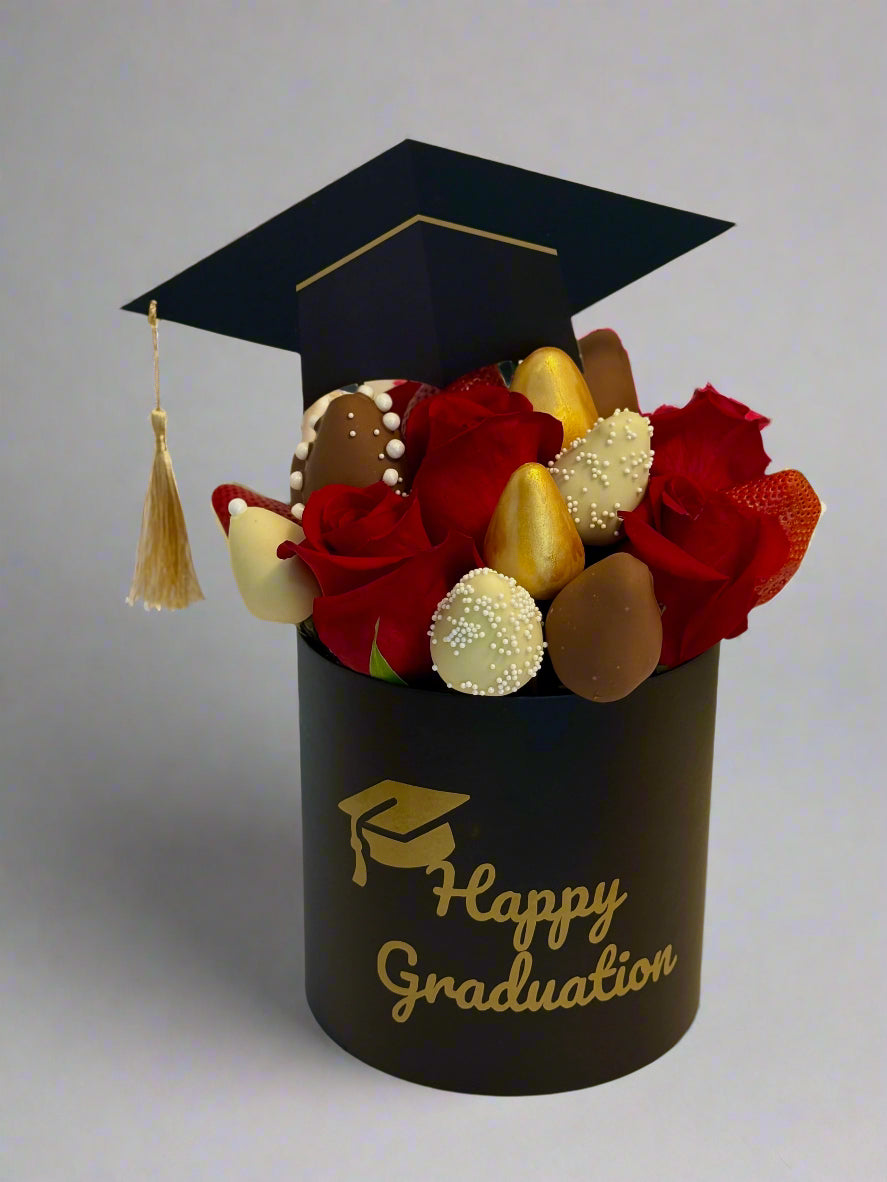 2026 Graduation Gift Box with Chocolate-Covered Strawberries & Roses