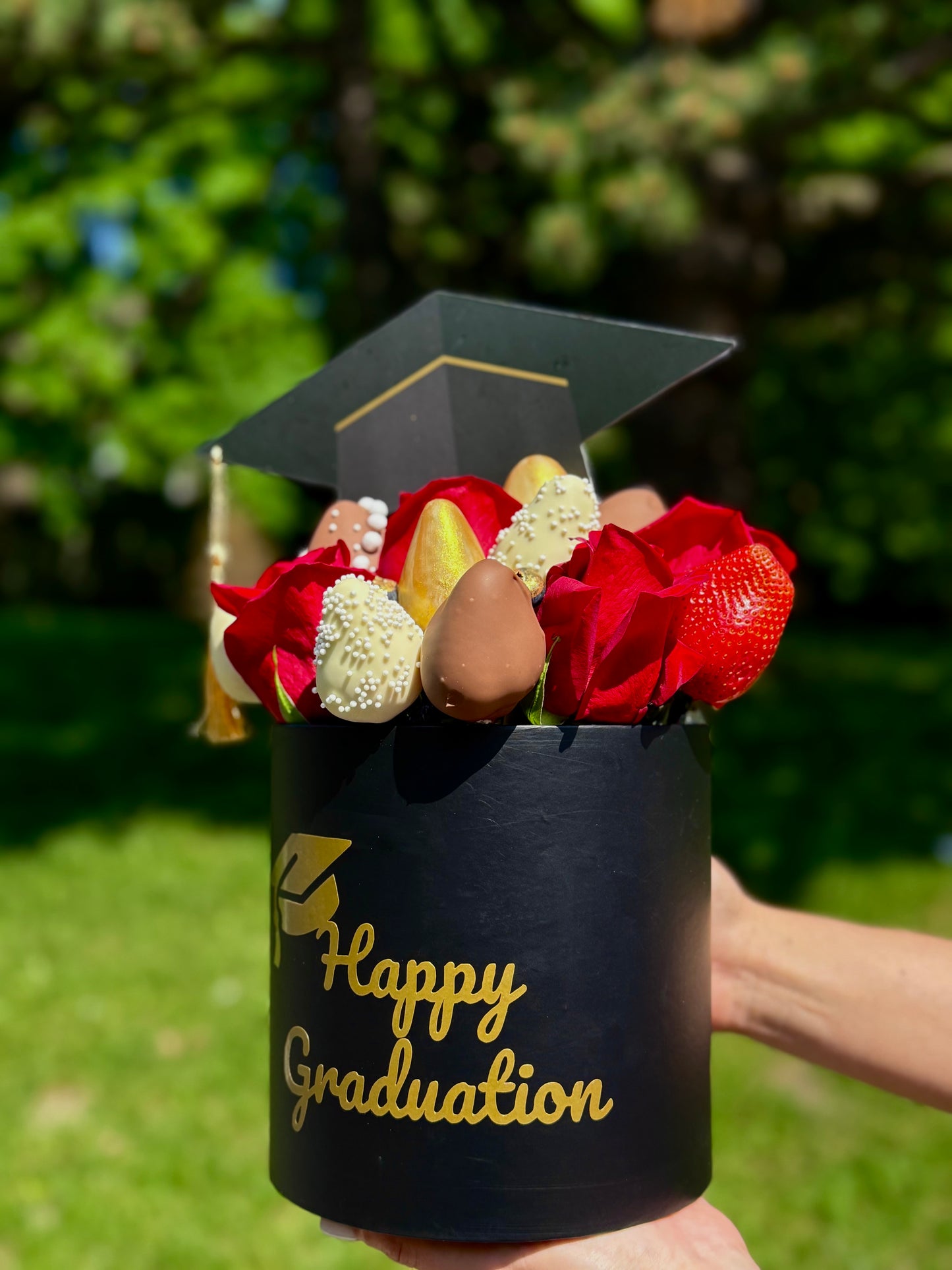 2026 Graduation Gift Box with Chocolate-Covered Strawberries & Roses