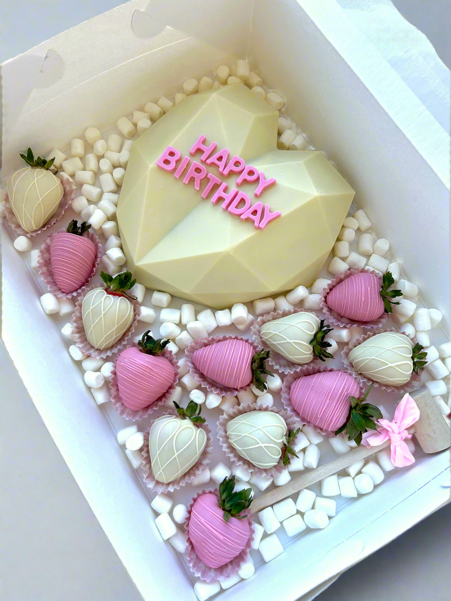 Chocolate smash heat with dozen chocolate covered strawberries in pink and white colours