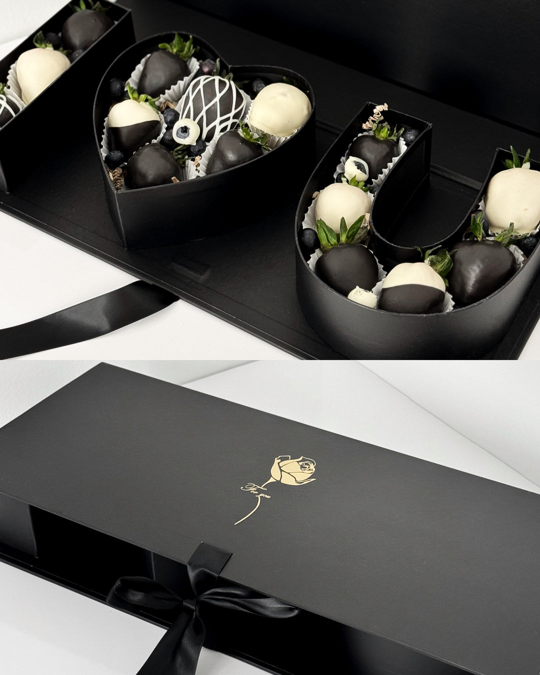 black box with black and white chocolate dipped strawberries 